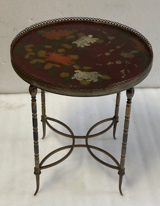 1950/70′ Round Bronze Coffee Table Bamboo Décor, Red Chinese Lacquer Top Maison Baguès Style Ø 40 H 461950/70′ Round Bronze Coffee Table Bamboo Décor, Red Chinese Lacquer Top Maison Baguès Style Ø 40 H 46
