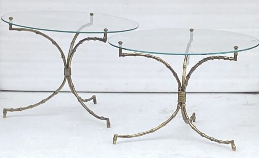 1970′ Pair of Maison Baguès Bamboo Decor Guéridon Tables in Bronze with Glass Top Ø 60 H 45 cm