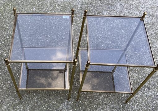 1970′ Paire De Bouts De Canapés En Bronze à 2 Niveaux Maison Bagués Plateaux Verre Fumé 40 X 40 X H 57 cm