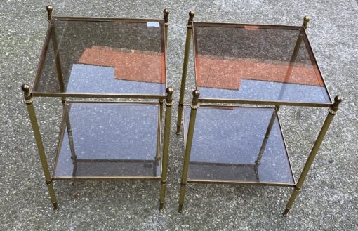 1970′ Paire De Bouts De Canapés En Bronze à 2 Niveaux Maison Bagués Plateaux Verre Fumé 40 X 40 X H 57 cm – Image 5