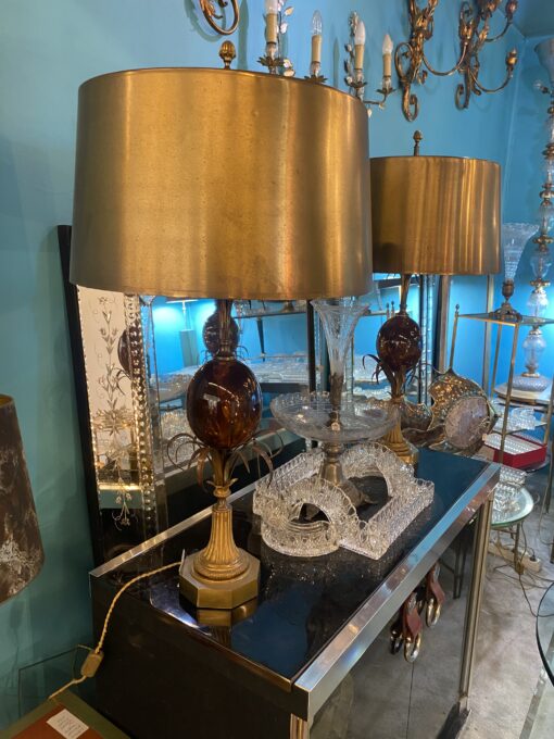 1950/70 Pair of Bronze Lamps and Egg Amber Way Signed Charles - Image 3