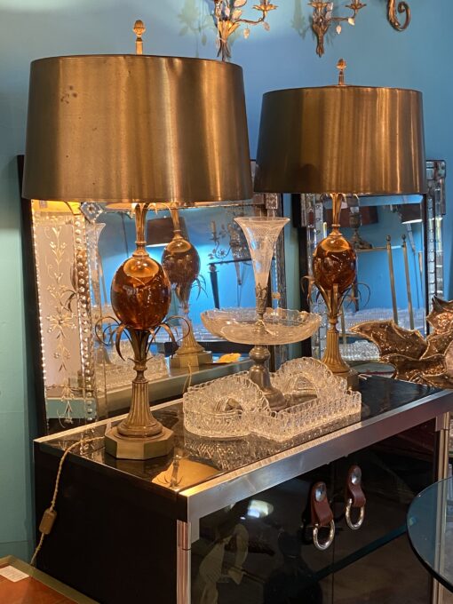 1950/70 Pair of Bronze Lamps and Egg Amber Way Signed Charles