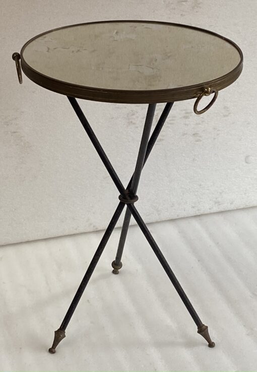 1950/70′ Wrought Iron Pedestal Table with Brass Ornaments Jacques Adnet Style Diameter 42 cm