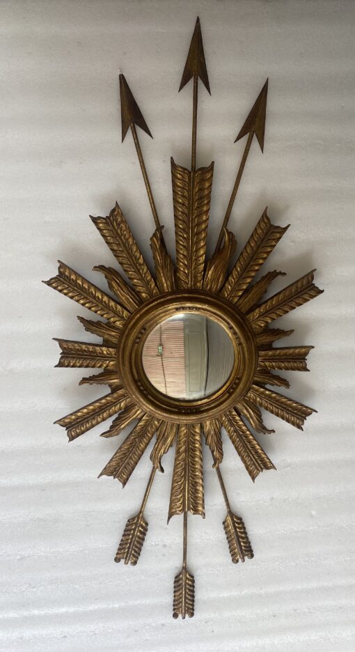1950/70 ‘ Miroir Soleil Convexe Aux Fléches  Bois Et Fer Doré  H 100 cm