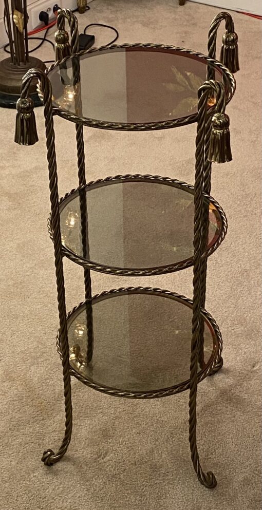 1970′ Gilded Iron Stand 3 Smoked Glass Trays DLG Maison Bagués Decor Passementerie