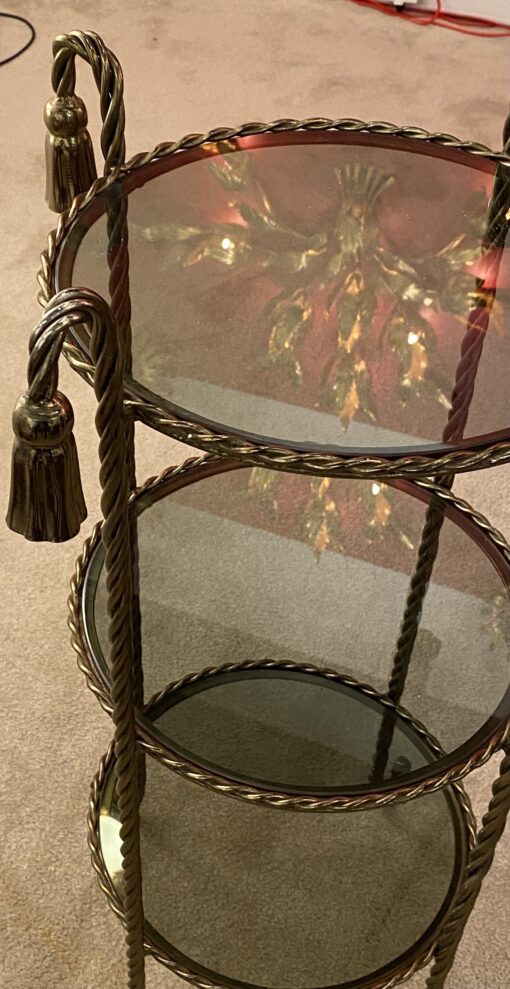 1970′ Gilded Iron Stand 3 Smoked Glass Trays DLG Maison Bagués Decor Passementerie - Image 11