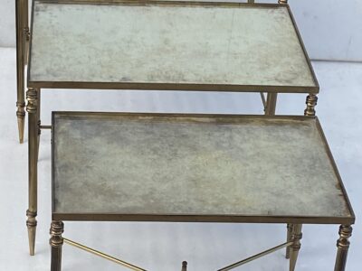 1970′ Set of 3 Maison Baguès Nesting Tables in Gilt Bronze, 3 Aged Glass Tops 55 X 40 X H 39.5 cm
