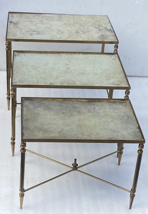 1970′ Set of 3 Maison Baguès Nesting Tables in Gilt Bronze, 3 Aged Glass Tops 55 X 40 X H 39.5 cm