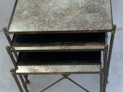 1970′ Set of 3 Maison Baguès Nesting Tables in Gilt Bronze, 3 Aged Glass Tops 38 X 50 X H 47 cm