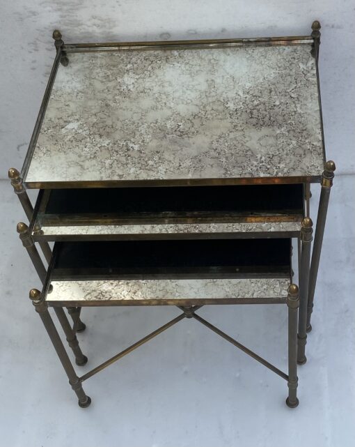 1970′ Set of 3 Maison Baguès Nesting Tables in Gilt Bronze, 3 Aged Glass Tops 38 X 50 X H 47 cm