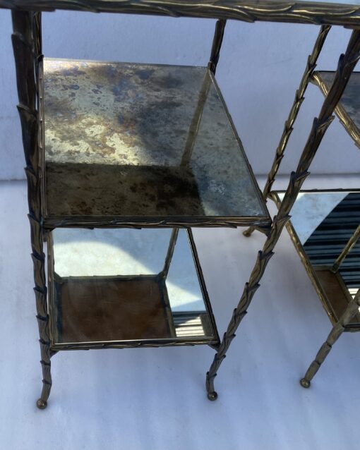 1970′ Pair of Maison Charles Side Tables, Palm Tree Decor in Gilt Bronze with Aged Mirror Trays 38 X 30 X H 58 cm - Image 17