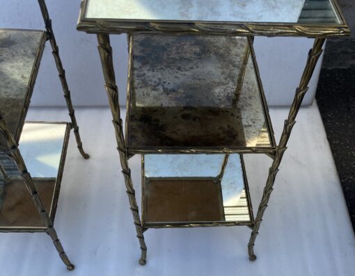 1970′ Pair of Maison Charles Side Tables, Palm Tree Decor in Gilt Bronze with Aged Mirror Trays 38 X 30 X H 58 cm - Image 16