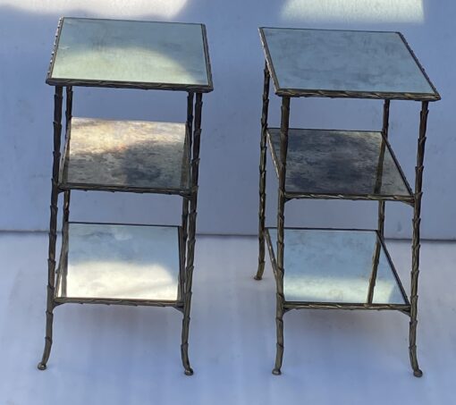 1970′ Pair of Maison Charles Side Tables, Palm Tree Decor in Gilt Bronze with Aged Mirror Trays 38 X 30 X H 58 cm - Image 15