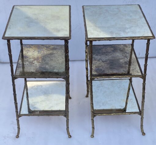1970′ Pair of Maison Charles Side Tables, Palm Tree Decor in Gilt Bronze with Aged Mirror Trays 38 X 30 X H 58 cm - Image 14