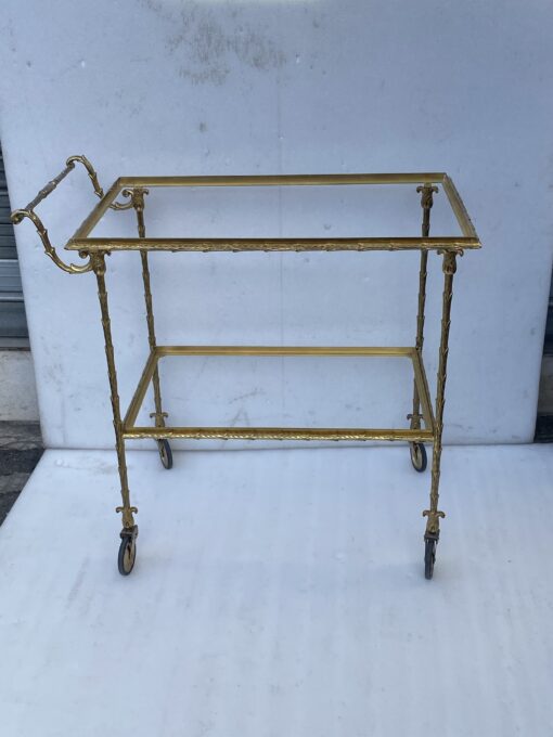 1970′ Rolling Trolley in Bronze and Gilded Brass Maison Baguès Palm Tree Decor - Image 2