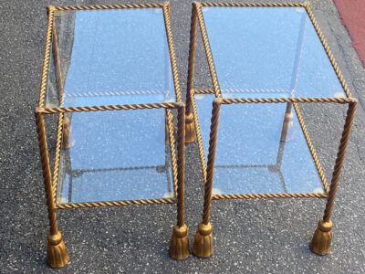 1970′ Pair of Gilded Iron Side Tables with 2 Glass Trays DLG Maison Bagués Decor Passementerie