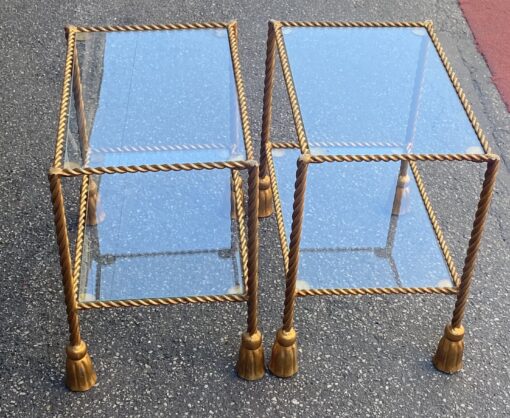 1970′ Pair of Gilded Iron Side Tables with 2 Glass Trays DLG Maison Bagués Decor Passementerie