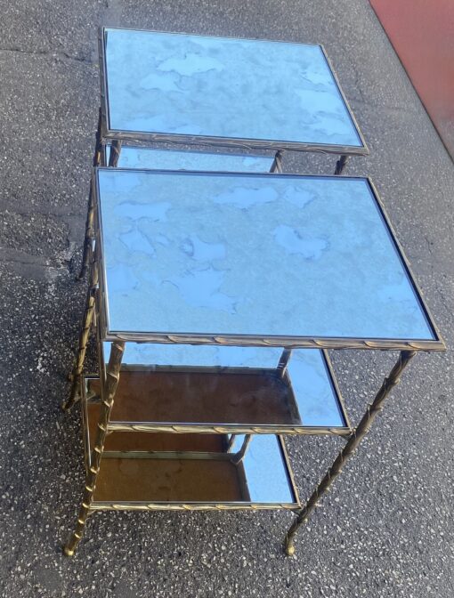 1970′ Pair of Maison Charles Side Tables, Palm Tree Decor in Gilt Bronze with Aged Mirror Trays 38 X 30 X H 58 cm - Image 26
