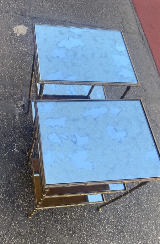 1970′ Pair of Maison Charles Side Tables, Palm Tree Decor in Gilt Bronze with Aged Mirror Trays 38 X 30 X H 58 cm - Image 25