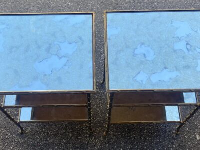 1970′ Pair of Maison Charles Side Tables, Palm Tree Decor in Gilt Bronze with Aged Mirror Trays 38 X 30 X H 58 cm