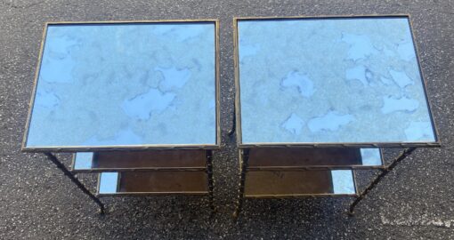 1970′ Pair of Maison Charles Side Tables, Palm Tree Decor in Gilt Bronze with Aged Mirror Trays 38 X 30 X H 58 cm