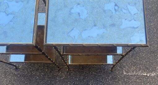 1970′ Pair of Maison Charles Side Tables, Palm Tree Decor in Gilt Bronze with Aged Mirror Trays 38 X 30 X H 58 cm - Image 22