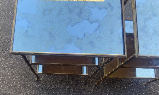 1970′ Pair of Maison Charles Side Tables, Palm Tree Decor in Gilt Bronze with Aged Mirror Trays 38 X 30 X H 58 cm - Image 21