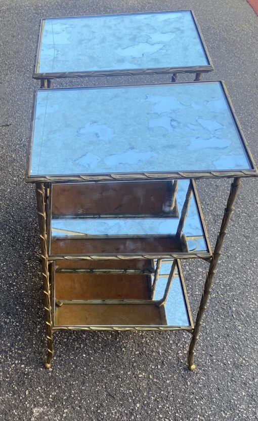 1970′ Pair of Maison Charles Side Tables, Palm Tree Decor in Gilt Bronze with Aged Mirror Trays 38 X 30 X H 58 cm - Image 19