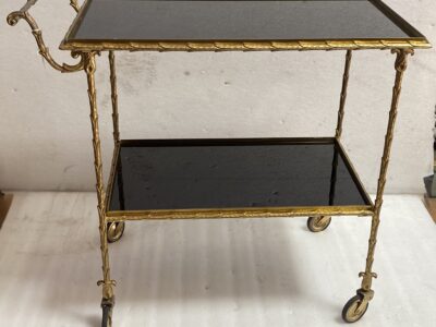 1970′ Rolling Trolley in Bronze and Gilded Brass Maison Baguès Palm Tree Decor