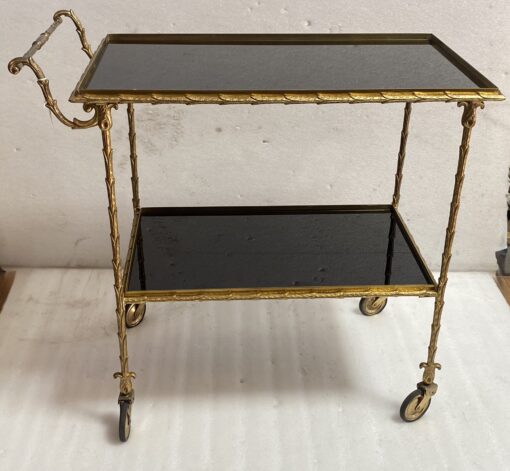 1970′ Rolling Trolley in Bronze and Gilded Brass Maison Baguès Palm Tree Decor