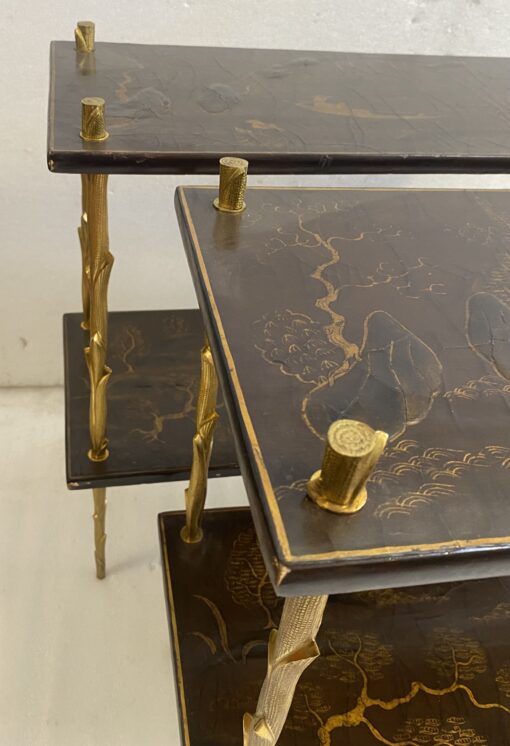 195070′ Pair of Maison Baguès or Maison Charles Agostini Style Tables with Plant Decor in Gilt Bronze with Chinese Lacquer Tops 62 X 28 H 53 cm - Image 8