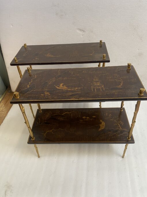 195070′ Pair of Maison Baguès or Maison Charles Agostini Style Tables with Plant Decor in Gilt Bronze with Chinese Lacquer Tops 62 X 28 H 53 cm - Image 18
