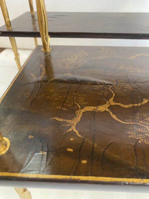 195070′ Pair of Maison Baguès or Maison Charles Agostini Style Tables with Plant Decor in Gilt Bronze with Chinese Lacquer Tops 62 X 28 H 53 cm - Image 2