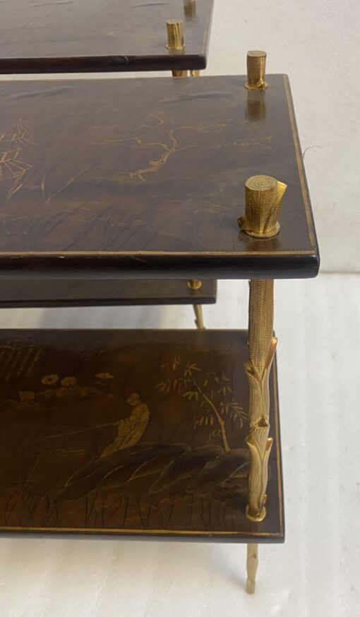 195070′ Pair of Maison Baguès or Maison Charles Agostini Style Tables with Plant Decor in Gilt Bronze with Chinese Lacquer Tops 62 X 28 H 53 cm - Image 12