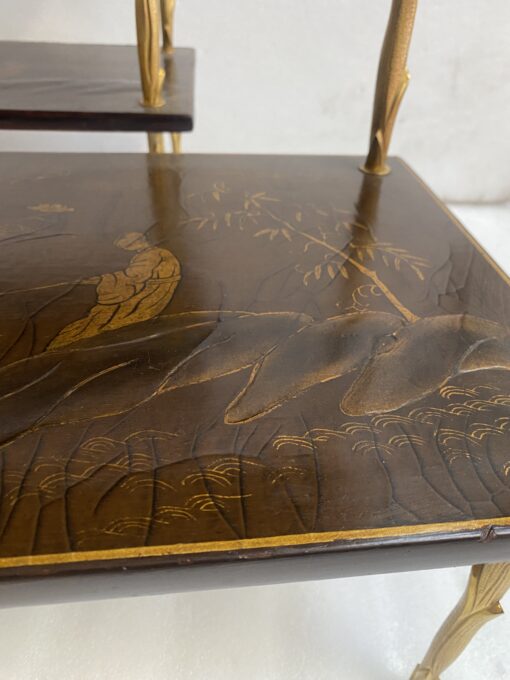 195070′ Pair of Maison Baguès or Maison Charles Agostini Style Tables with Plant Decor in Gilt Bronze with Chinese Lacquer Tops 62 X 28 H 53 cm - Image 3