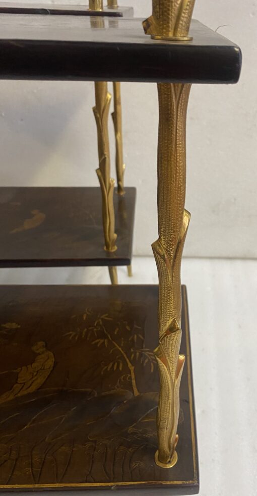 195070′ Pair of Maison Baguès or Maison Charles Agostini Style Tables with Plant Decor in Gilt Bronze with Chinese Lacquer Tops 62 X 28 H 53 cm - Image 11