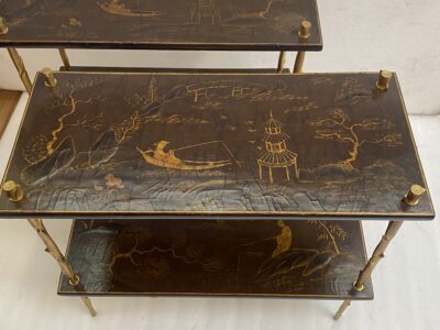 195070′ Pair of Maison Baguès or Maison Charles Agostini Style Tables with Plant Decor in Gilt Bronze with Chinese Lacquer Tops 62 X 28 H 53 cm