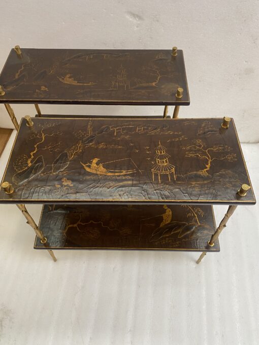 195070′ Pair of Maison Baguès or Maison Charles Agostini Style Tables with Plant Decor in Gilt Bronze with Chinese Lacquer Tops 62 X 28 H 53 cm