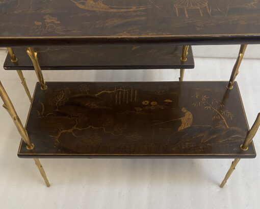 195070′ Pair of Maison Baguès or Maison Charles Agostini Style Tables with Plant Decor in Gilt Bronze with Chinese Lacquer Tops 62 X 28 H 53 cm - Image 14