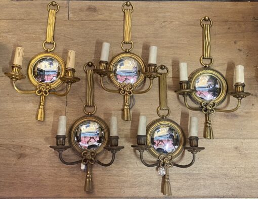 1950/70′ Series of 5 Gilt Bronze Wall Lights with Convex Mirror Signed Petitot - Image 10