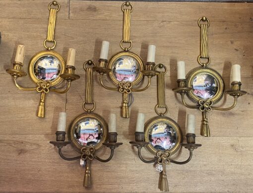 1950/70′ Series of 5 Gilt Bronze Wall Lights with Convex Mirror Signed Petitot - Image 9