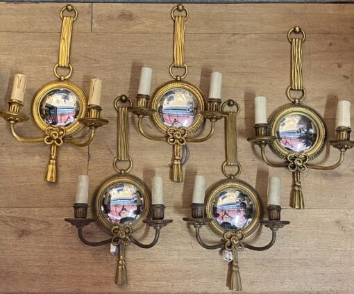 1950/70′ Series of 5 Gilt Bronze Wall Lights with Convex Mirror Signed Petitot - Image 8