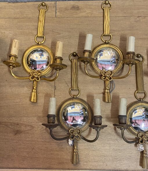 1950/70′ Series of 5 Gilt Bronze Wall Lights with Convex Mirror Signed Petitot - Image 7
