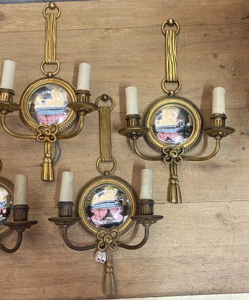 1950/70′ Series of 5 Gilt Bronze Wall Lights with Convex Mirror Signed Petitot - Image 6
