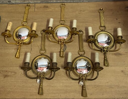 1950/70′ Series of 5 Gilt Bronze Wall Lights with Convex Mirror Signed Petitot - Image 5