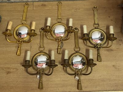 1950/70′ Series of 5 Gilt Bronze Wall Lights with Convex Mirror Signed Petitot