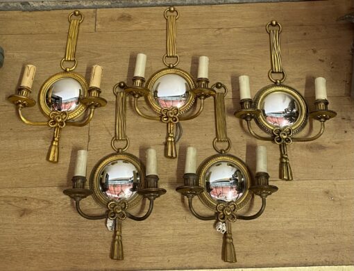 1950/70′ Series of 5 Gilt Bronze Wall Lights with Convex Mirror Signed Petitot