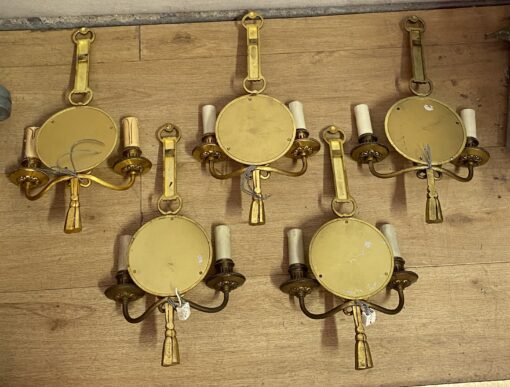 1950/70′ Series of 5 Gilt Bronze Wall Lights with Convex Mirror Signed Petitot - Image 3