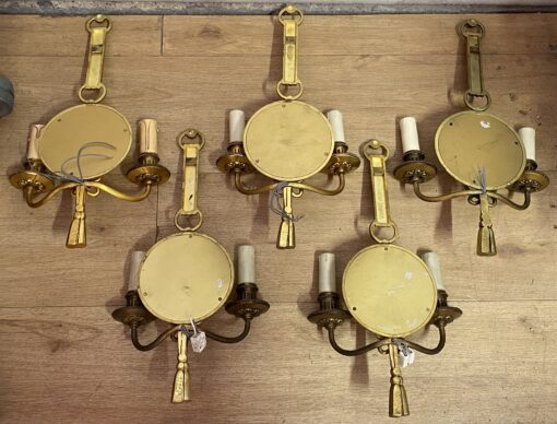 1950/70′ Series of 5 Gilt Bronze Wall Lights with Convex Mirror Signed Petitot - Image 2