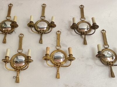 1950/70′ Series of 6 Gilt Bronze Wall Lights with Convex Mirror Signed Petitot